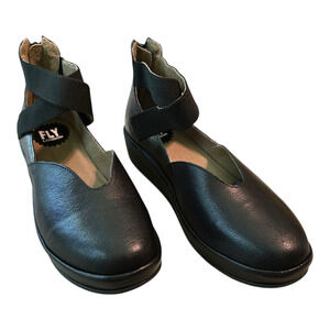 Fly London Shoes Womens Size EU 36 US 5.5M Black/Silver Wedge Mary Jane Leather